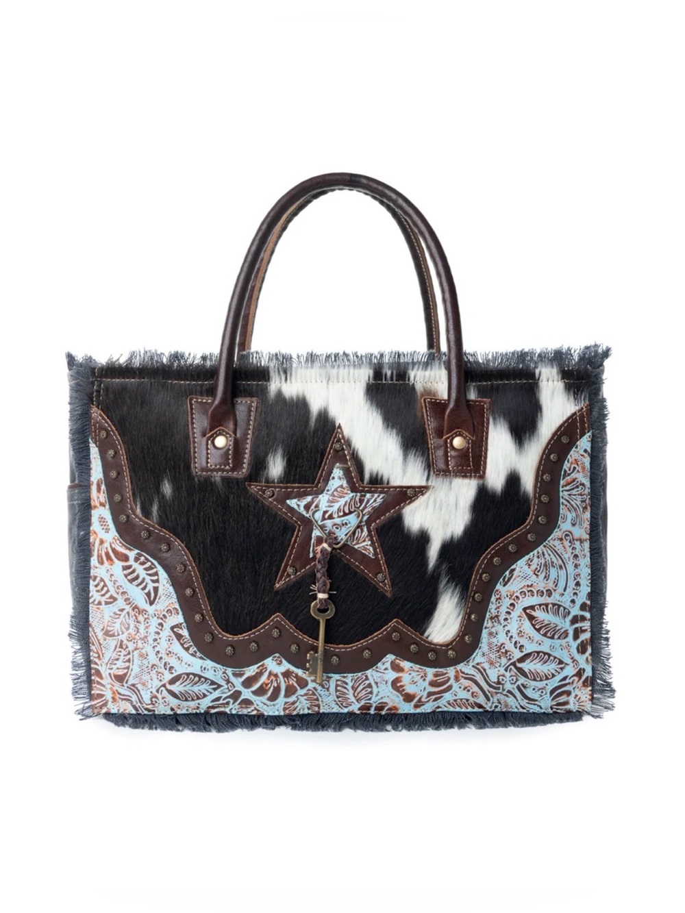 Western Tote Star Embossed Leather and Haircalf Tote in Black & White